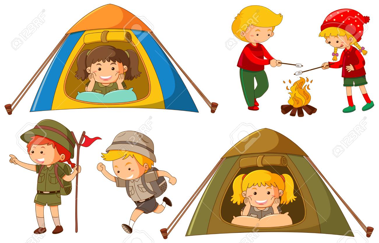 Happy Children Doing Different Activities For Camping Illustration Royalty  Free SVG, Cliparts, Vectors, and Stock Illustration. Image 94891446., image size:1300x833