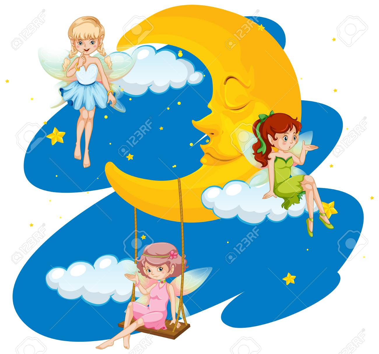 夜の時間のイラストで空を飛ぶ3つの妖精のイラスト素材 ベクタ Image 95881261