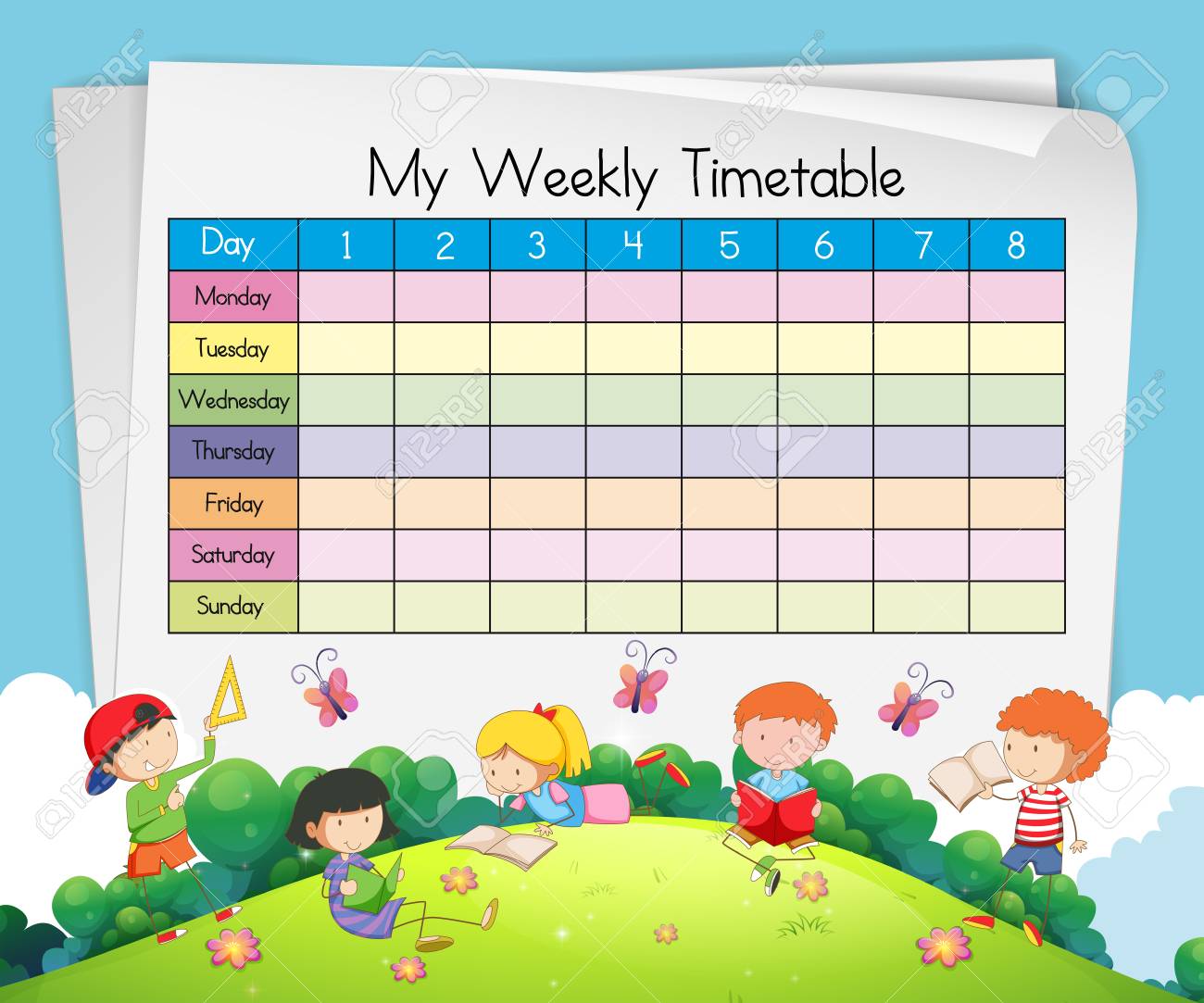 weekly timetable template with kids playing in park illustration weekly schedule template for kids