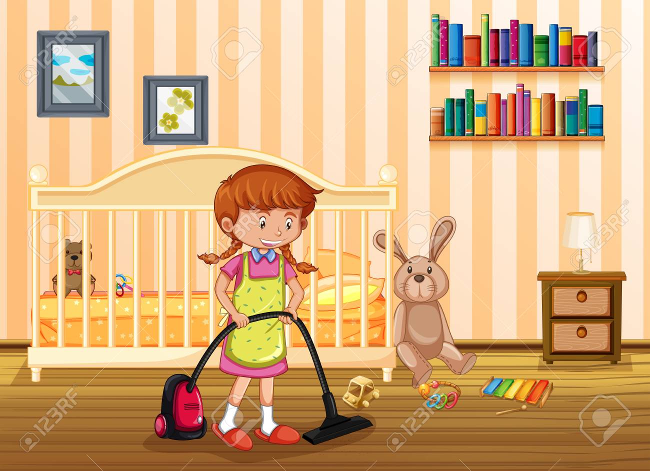 A Mother Cleaning Kid Bedroom Illustration