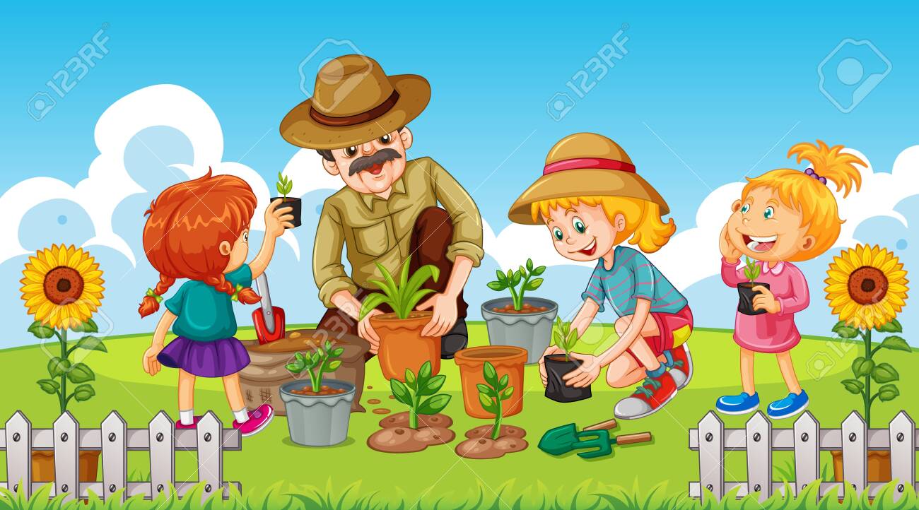 Scene With Kid Planting Trees In The Garden Illustration Royalty Free SVG,  Cliparts, Vectors, and Stock Illustration. Image 144790542., image size:1300x722