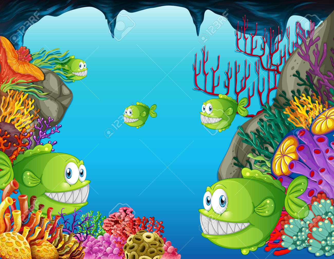 Many exotic fishes cartoon character in the underwater scene with corals illustration - 164379737 Many exotic fishes cartoon character in the underwater scene with corals illustration - 164379737