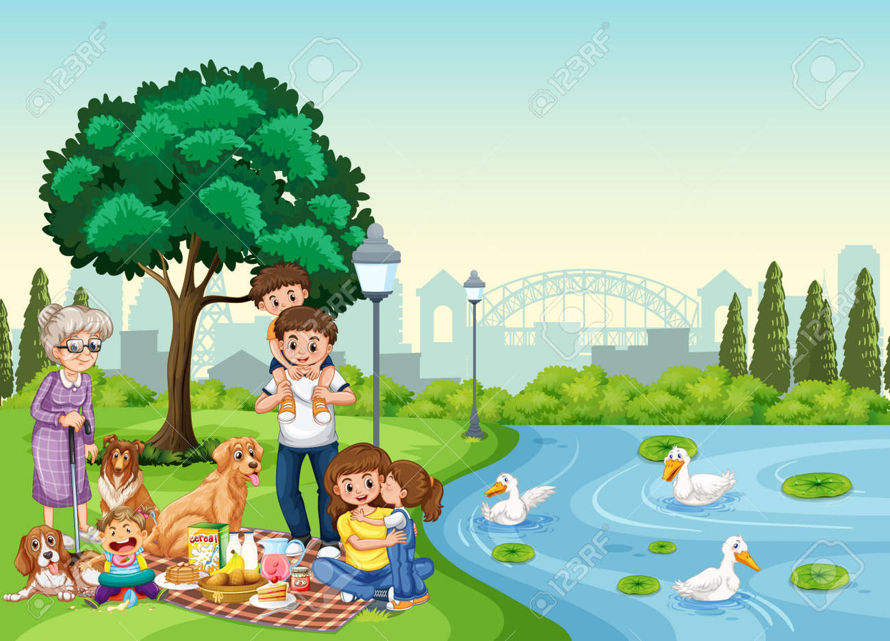 Park Scene With Happy Family Enjoying Picnic Illustration Royalty Free SVG,  Cliparts, Vectors, and Stock Illustration. Image 169470037., image size:1300x937
