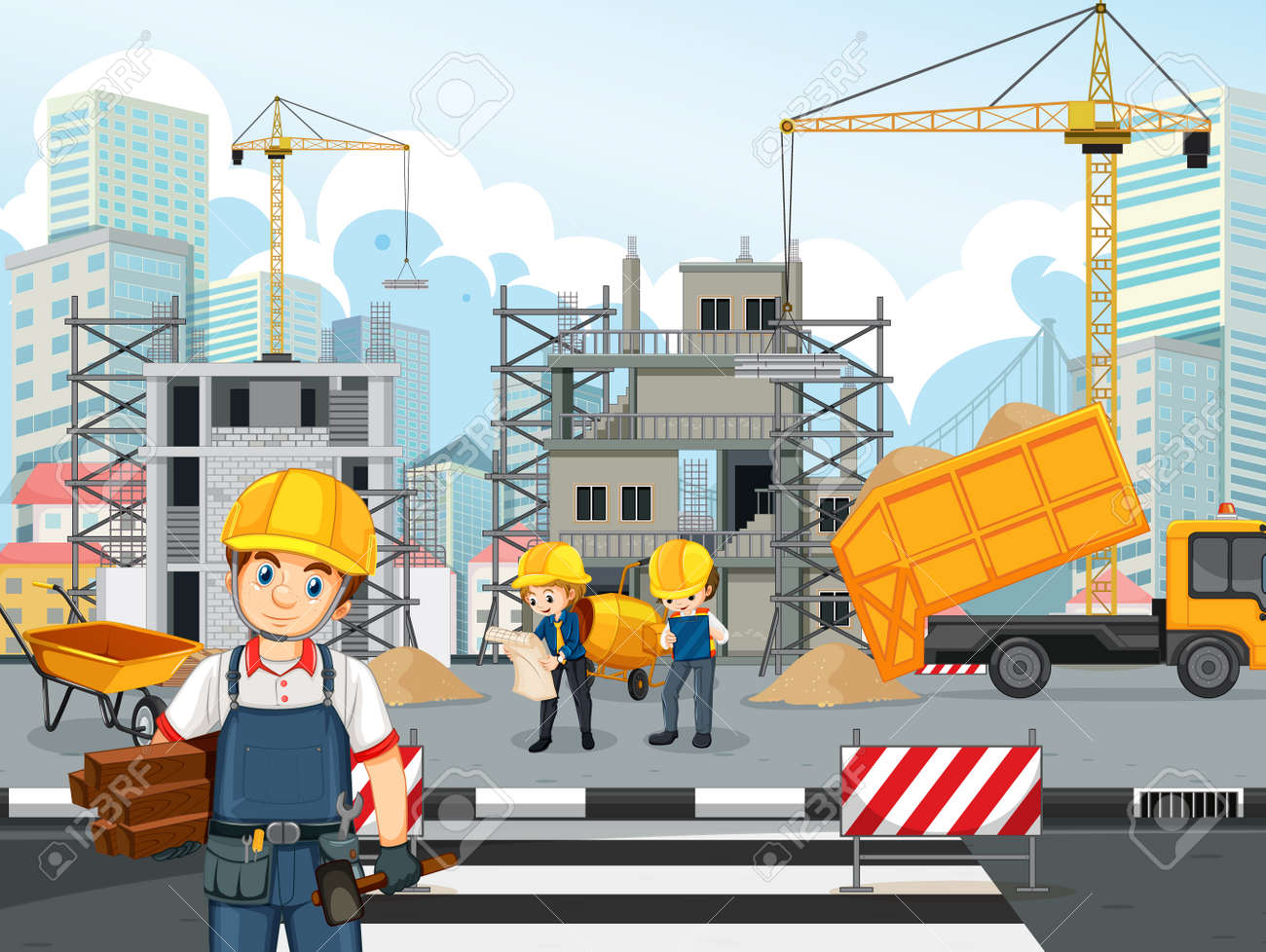 Building Construction Site And Workers Illustration Royalty Free SVG,  Cliparts, Vectors, and Stock Illustration. Image 184738870., image size:1300x978