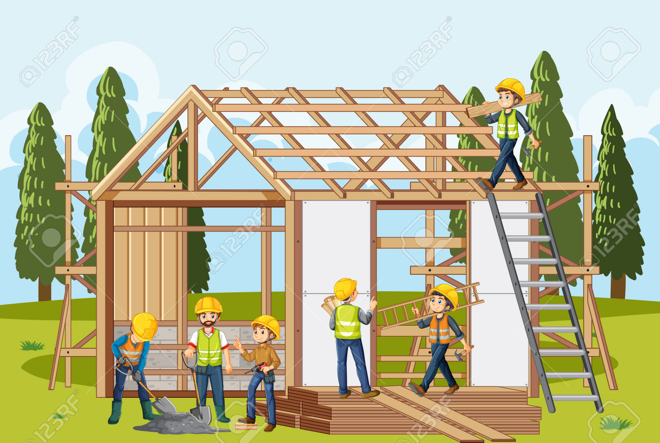 Building Construction Site With Workers Illustration Royalty Free SVG,  Cliparts, Vectors, and Stock Illustration. Image 186219474., image size:1300x872