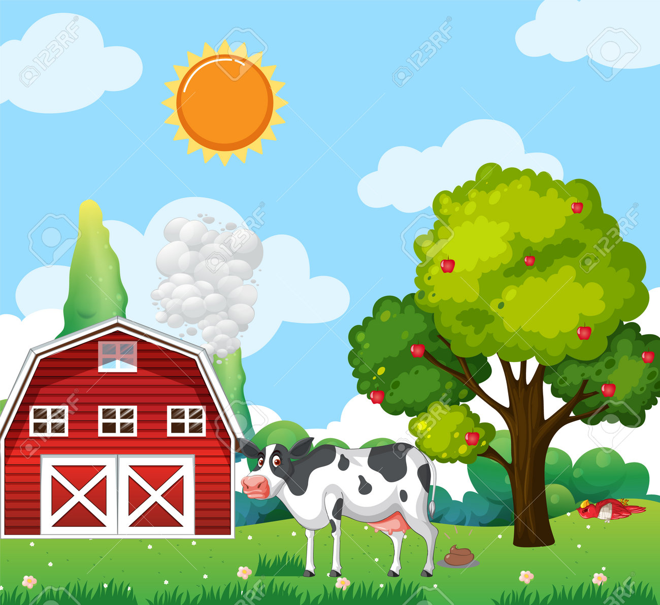 Cow In Grass Field And Blue Sky Scene Illustration Royalty Free SVG,  Cliparts, Vectors, and Stock Illustration. Image 208606747., image size:1300x1193