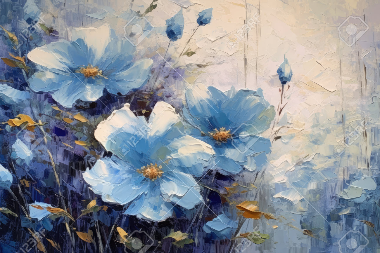 青い花の印象派風油彩画 青い花の印象派風油彩画 【公式通販】