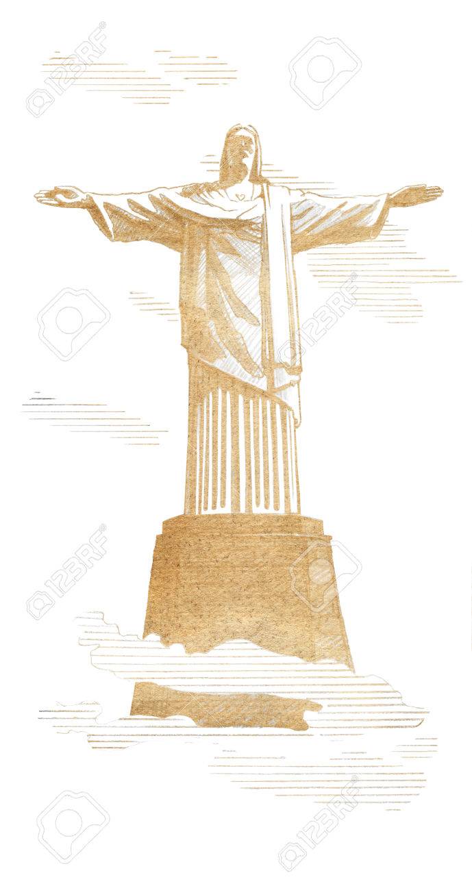 A Statue Of The Christ Redeemer Rio De Janeiro Brazil Graphic Linear Tonal Drawing By Sepia Toned Paper Isolated On White Background Stock Photo Picture And Royalty Free Image Image