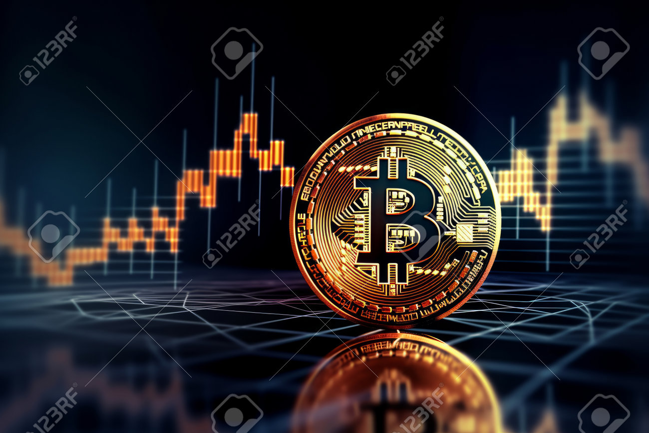 Bitcoin Is A Gold Coin And A Defocused Graphics Background. On The Graph  Growth. The Concept Of Virtual Crypto Currency. On The Growth Graph.  Genertive AI. Stock Photo, Picture and Royalty Free