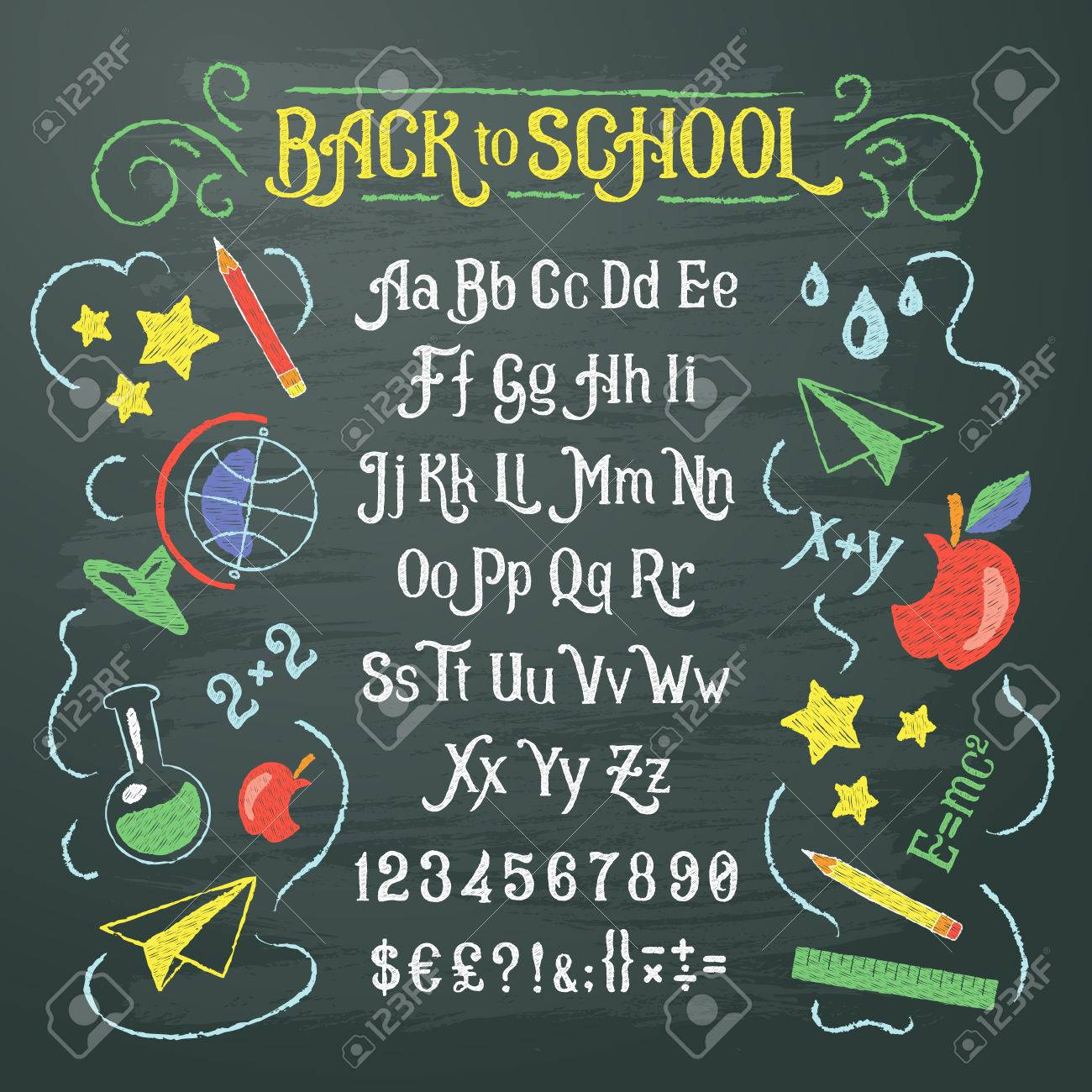 レトロなフォント 大文字 数字 白と色のチョークで黒板に書かれた記号のベクター イラスト 看板のデザイン要素テンプレートの広告 のイラスト素材 ベクタ Image