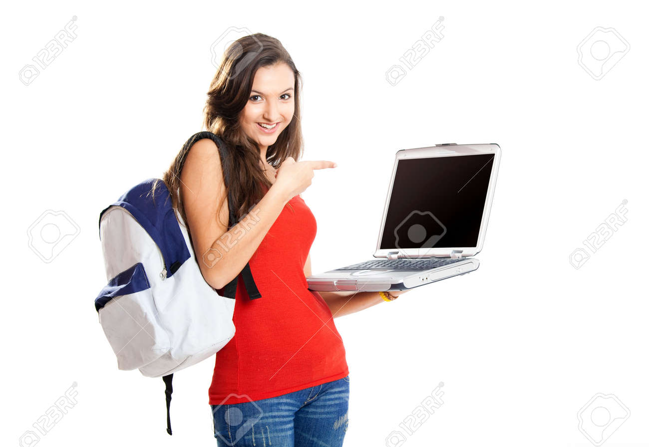 Beautiful young female student showing something on a laptop, isolated on white - 7750710 Beautiful young female student showing something on a laptop, isolated on white - 7750710
