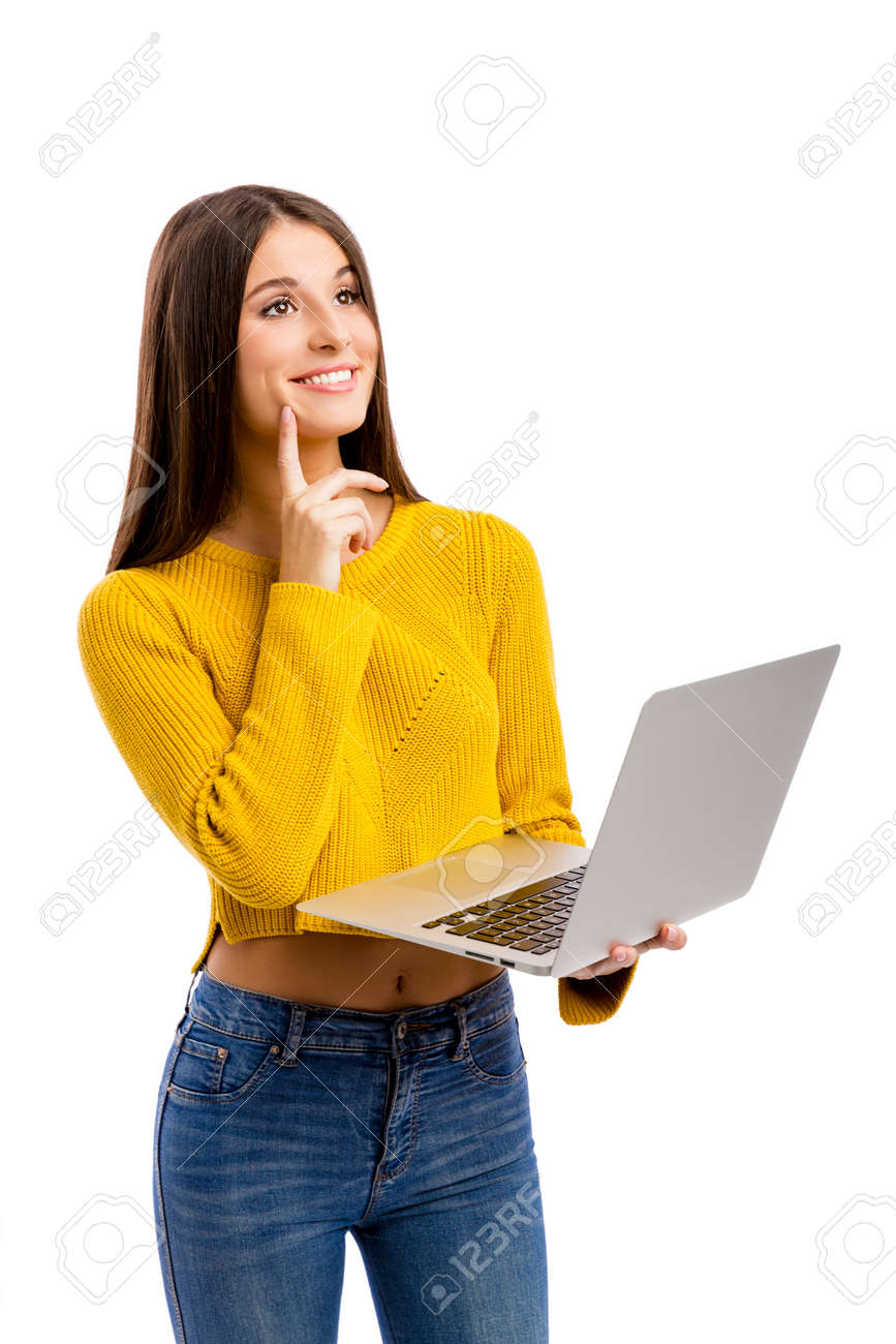 Beautiful and happy girl working with a laptop, isolated over white background - 54312635 Beautiful and happy girl working with a laptop, isolated over white background - 54312635
