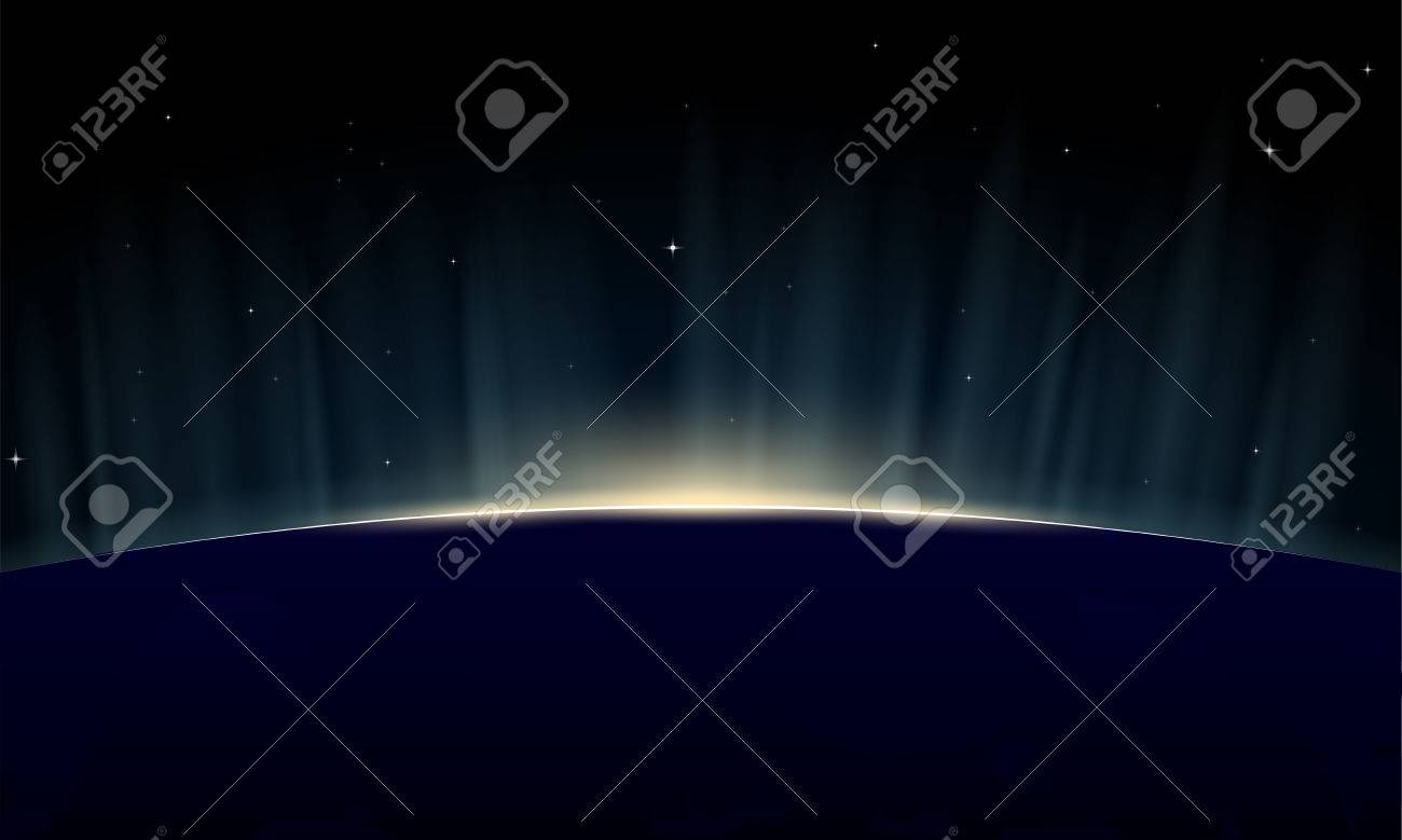 Horizontal poster of rising sun on Earth. View from space, with aurora glowing on horizon. - 30558226 Horizontal poster of rising sun on Earth. View from space, with aurora glowing on horizon. - 30558226
