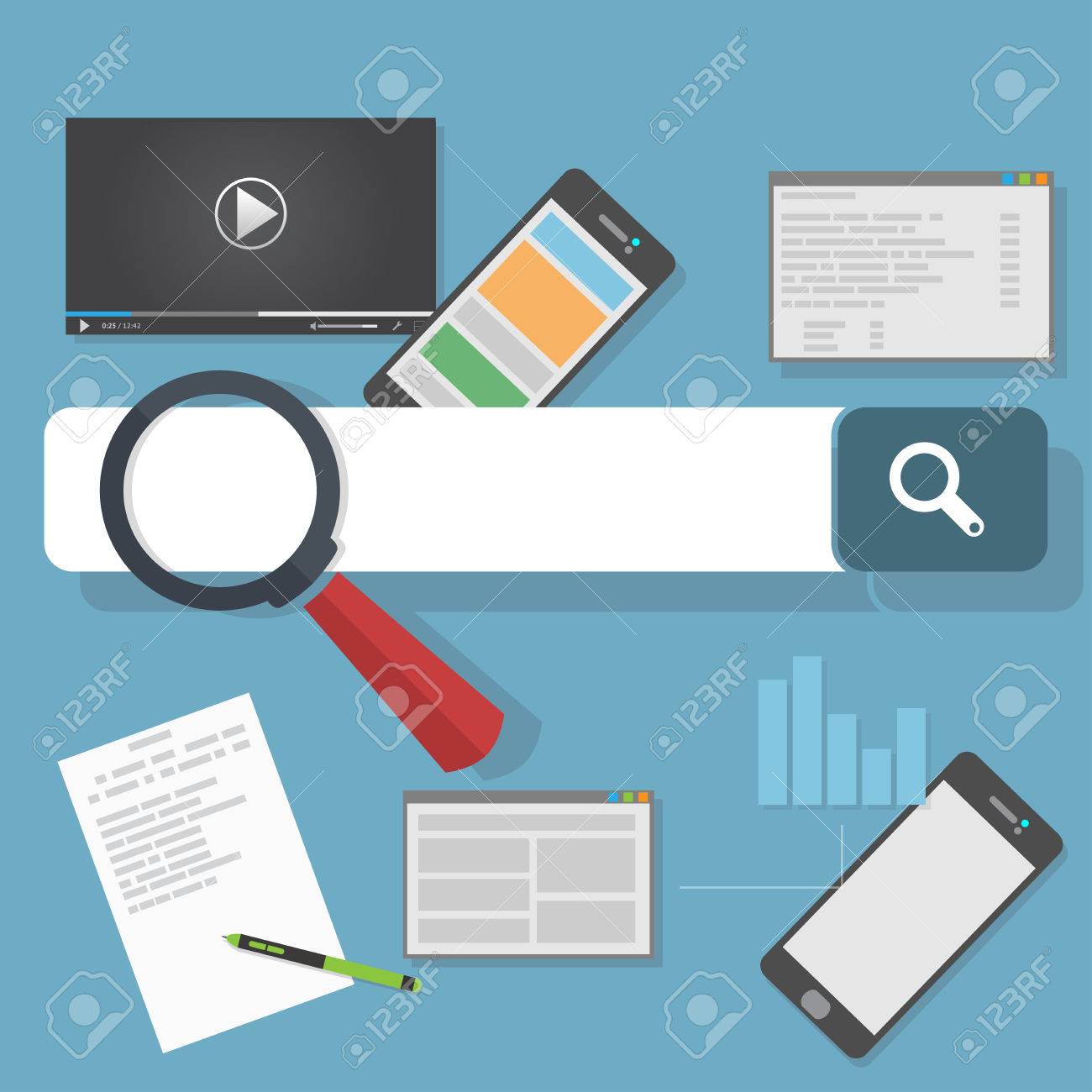 Search engine optimization illustration. SEO analytics and web development flat icons. - 51357300 Search engine optimization illustration. SEO analytics and web development flat icons. - 51357300
