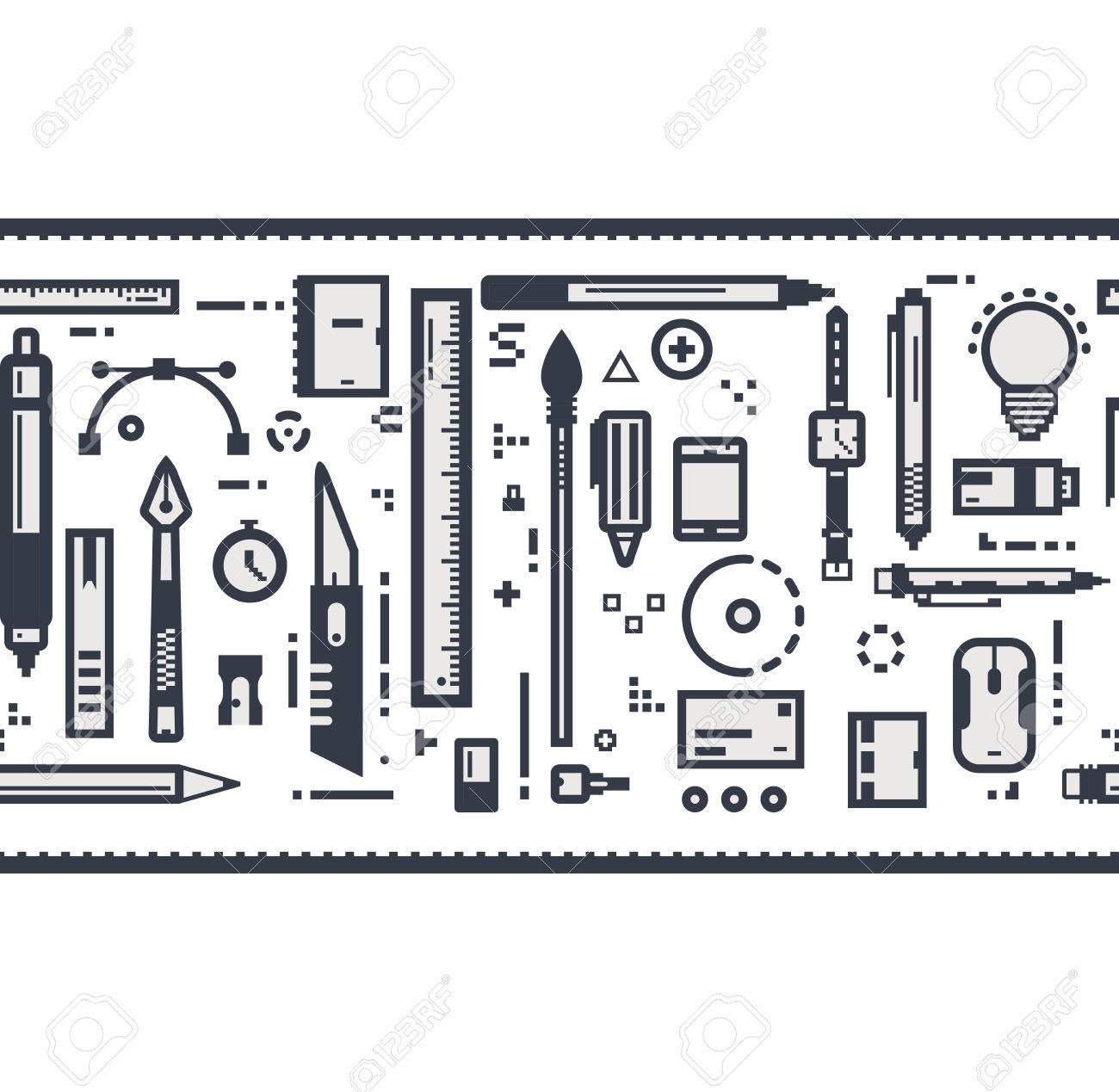 デザイナーのアイテムを水平方向にシームレスなテープです 細い線スタイル鮮明なピクセル デザイン アイコン ペンやブラシ その他事務用品 のイラスト素材 ベクタ Image