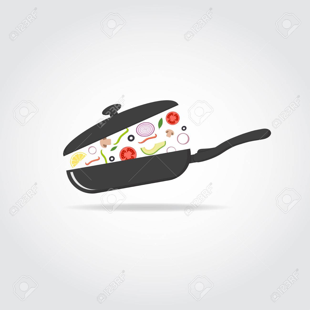 野菜や果物をキャップとフライパンの黒いシルエットは 健康食品のコンセプトです のイラスト素材 ベクタ Image