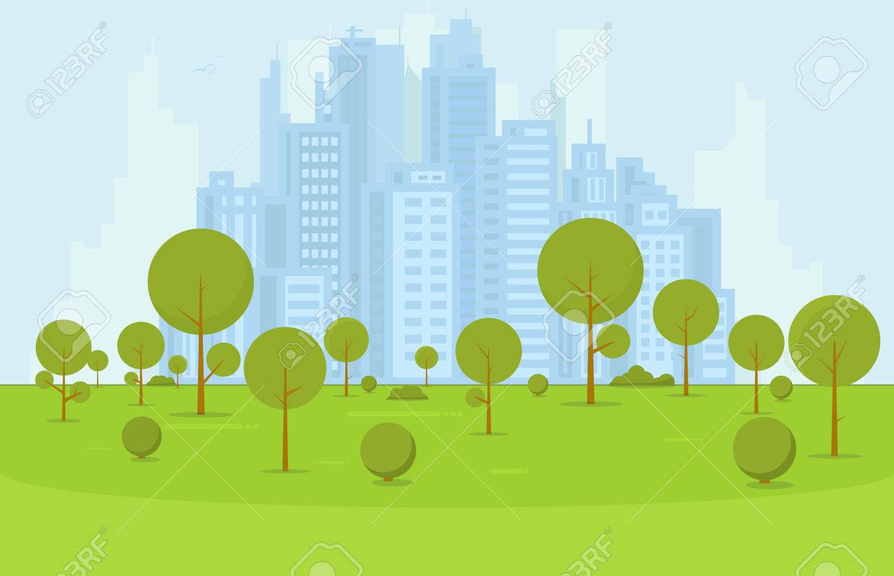 Green city park and recreation zone with trees and bushes near business city center on background. Flat style cartoon vector illustration. - 71090362 Green city park and recreation zone with trees and bushes near business city center on background. Flat style cartoon vector illustration. - 71090362