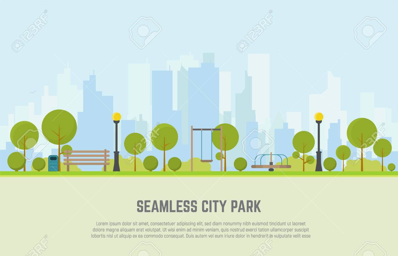 Creative concept of a Seamless city park bench, lawn and trees, trash can, swings and carousels. Flat style vector. On background business city center with skyscrapers. - 74720474 Creative concept of a Seamless city park bench, lawn and trees, trash can, swings and carousels. Flat style vector. On background business city center with skyscrapers. - 74720474