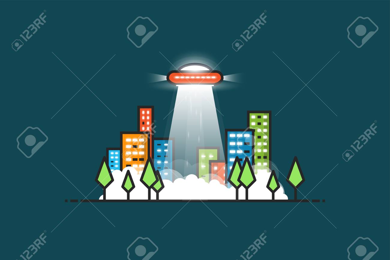 重力を誘拐光が街を飛んでいる Ufo 木や建物 夜光る窓と市立公園 霧と地面に煙 宇宙人が地球を訪問します のイラスト素材 ベクタ Image