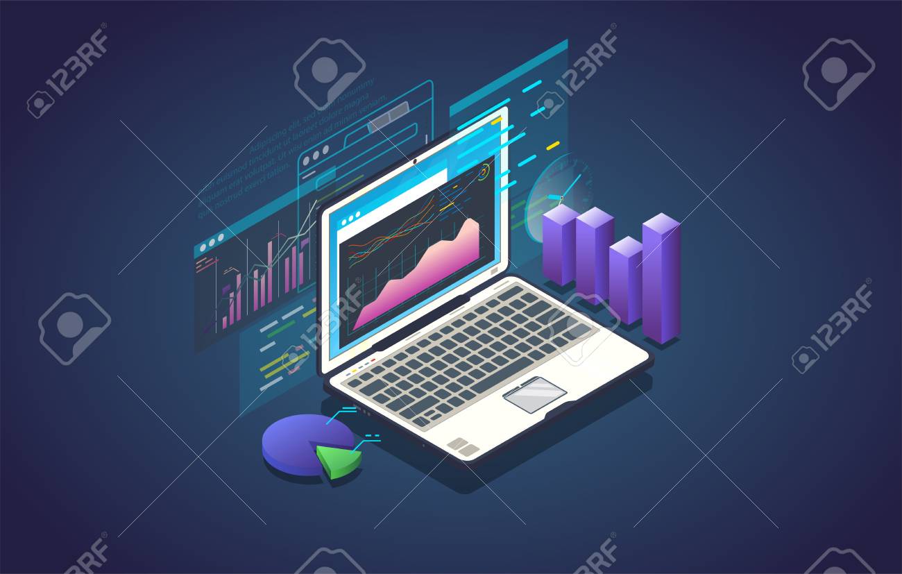 finance analysis computer application isometric laptop with computer application