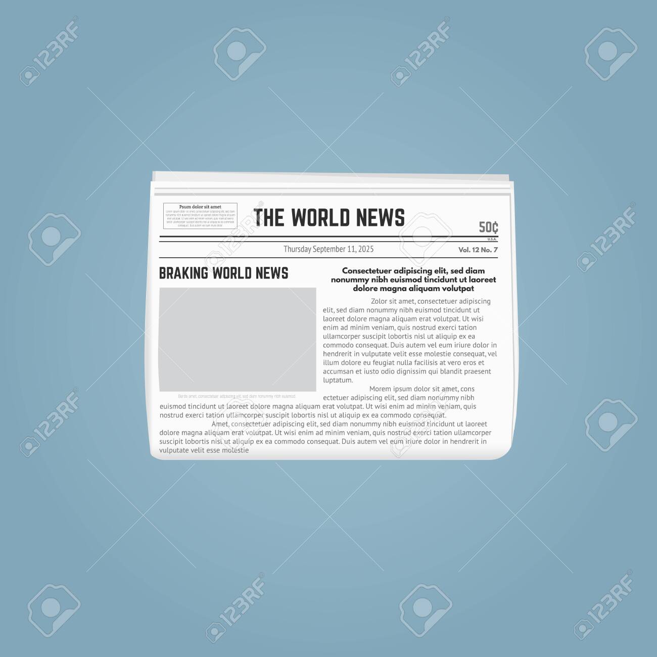 Newspaper Template Folded Newspaper With Blank Picture For Pasting And Text Date And Headlines With Article Text Breaking World News Newspaper White Paper And Grey Black Paint Royalty Free Cliparts Vectors And