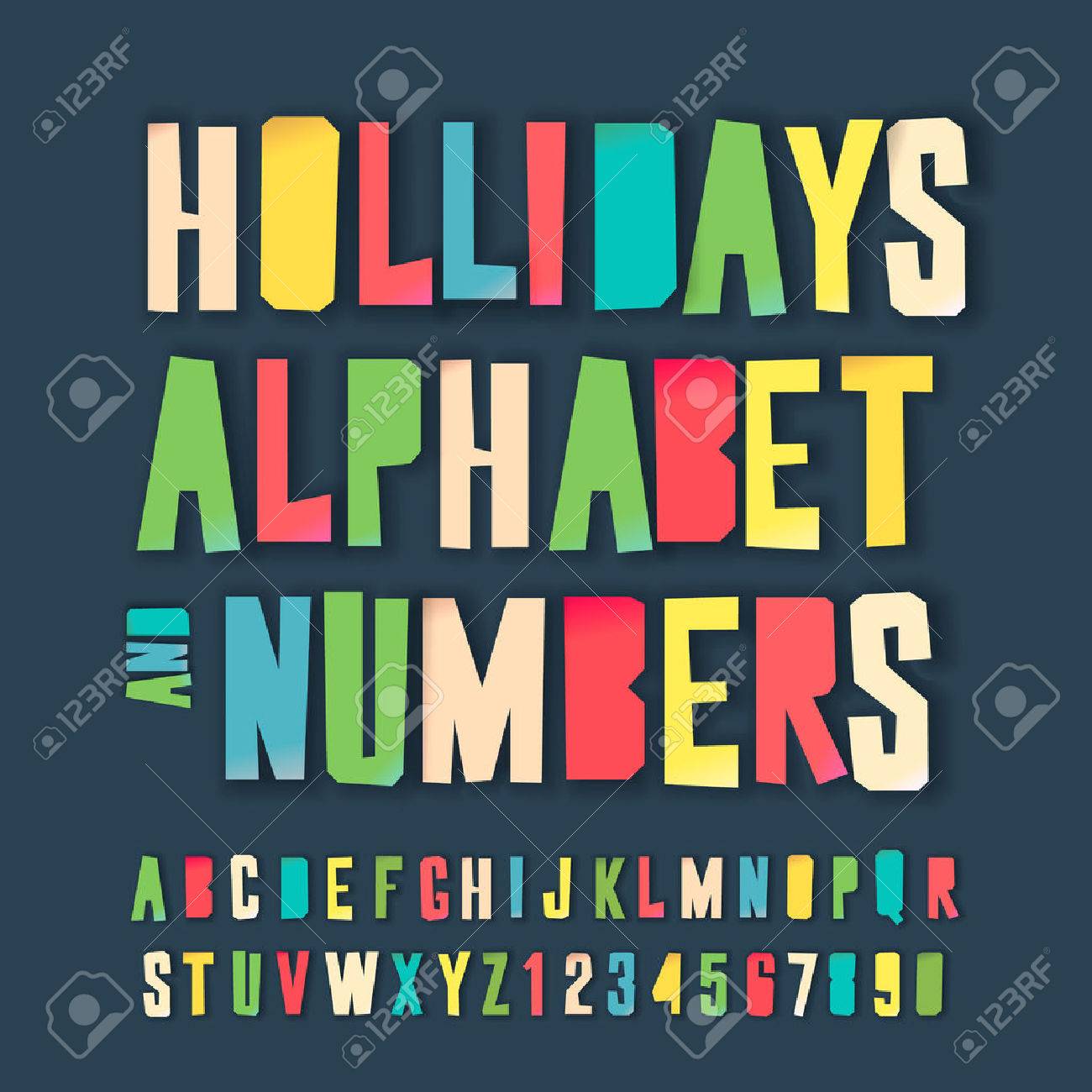 休日のアルファベットと数字 カラフルなアートとクラフト デザイン紙からはさみでカット ベクトルの図 のイラスト素材 ベクタ Image