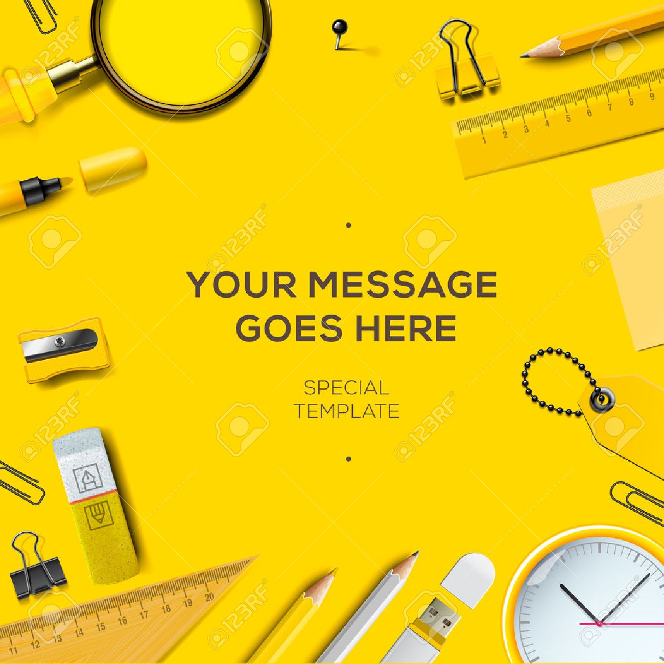 colorful school supplies yellow background vector illustration