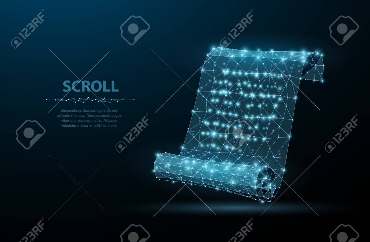 Scroll. Low poly wireframe mesh looks like constellation on blue night sky with dots and stars. Vintage, message symbol, illustration or background - 98110320 Scroll. Low poly wireframe mesh looks like constellation on blue night sky with dots and stars. Vintage, message symbol, illustration or background - 98110320