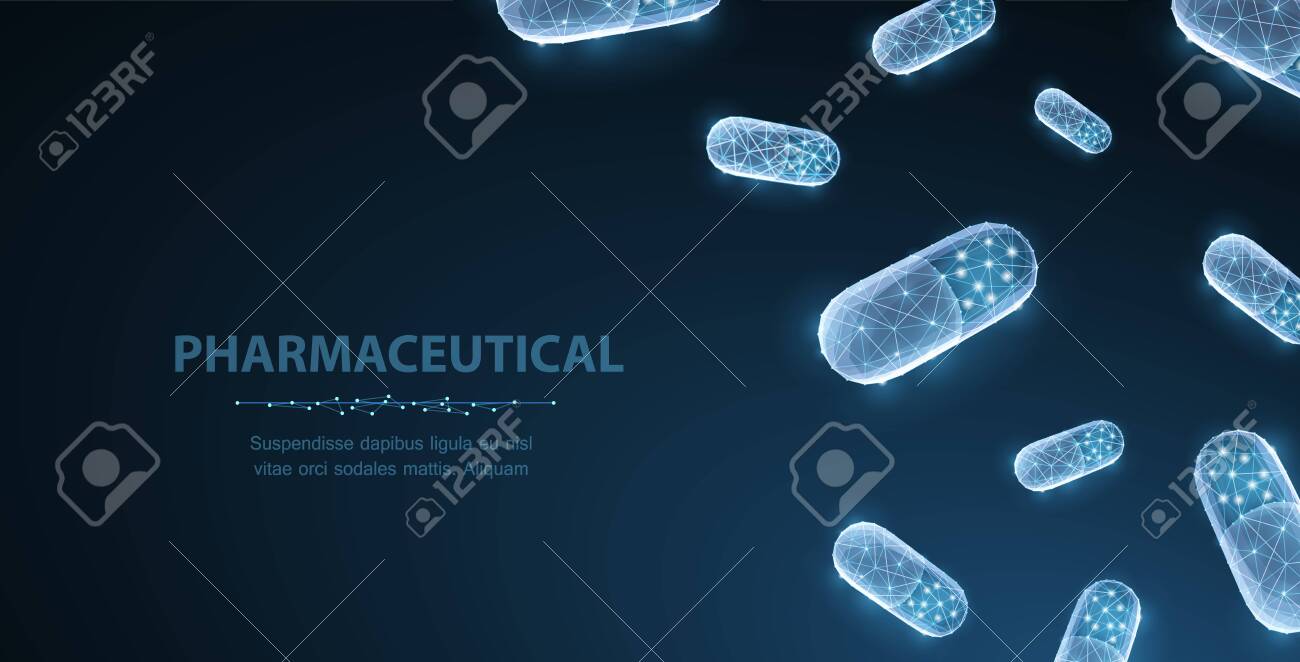 Pills. Abstract 3d polygonal wireframe two capsule pills on blue background with dots and stars. - 136116232 Pills. Abstract 3d polygonal wireframe two capsule pills on blue background with dots and stars. - 136116232