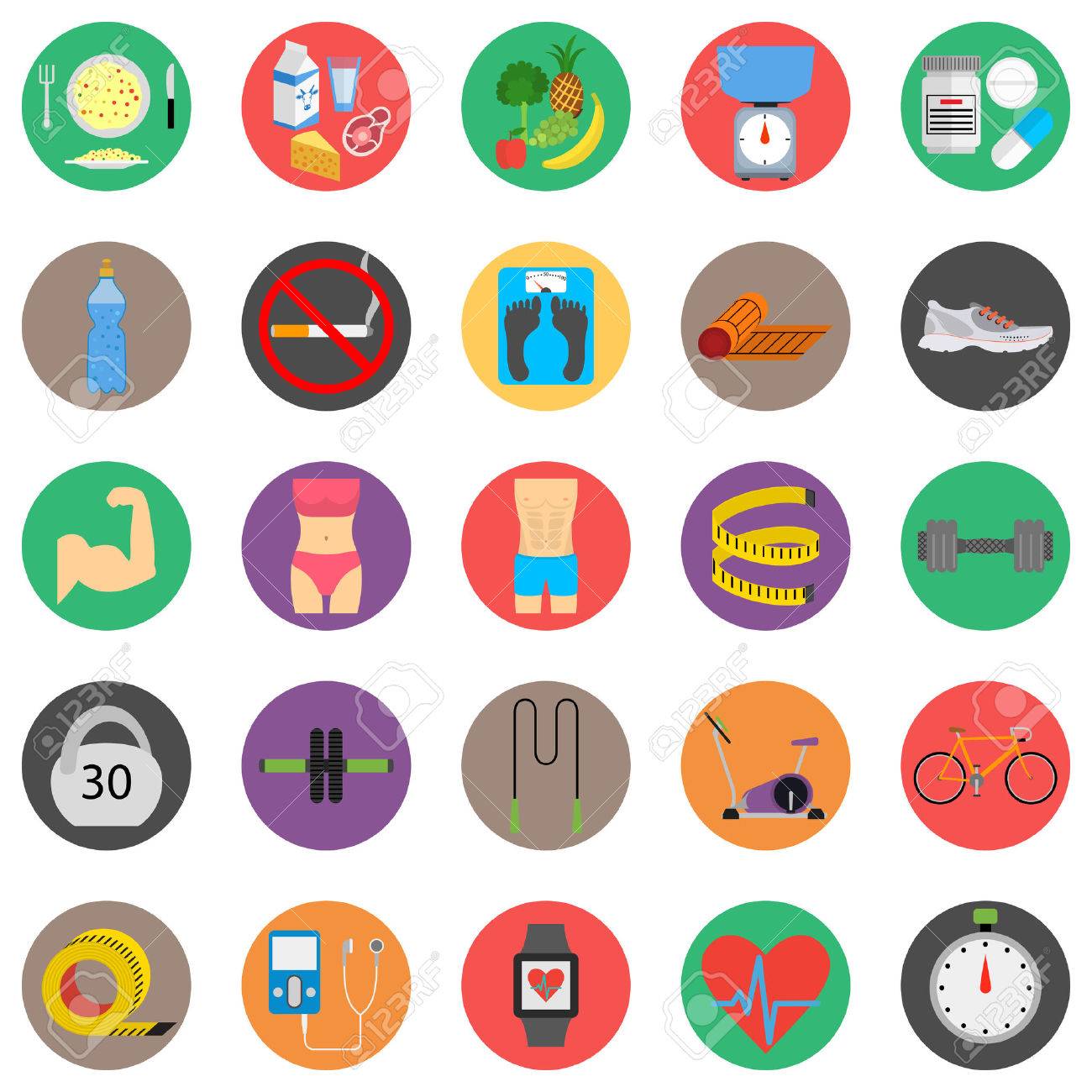 Fitness sport and health colorful flat design icons set. Illustration on a white background - 35849451 Fitness sport and health colorful flat design icons set. Illustration on a white background - 35849451