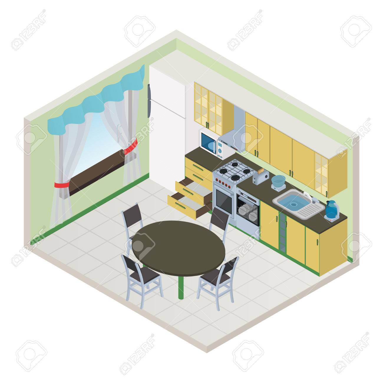 Vector isometric kitchen interior - 3D illustration - 43847978 Vector isometric kitchen interior - 3D illustration - 43847978