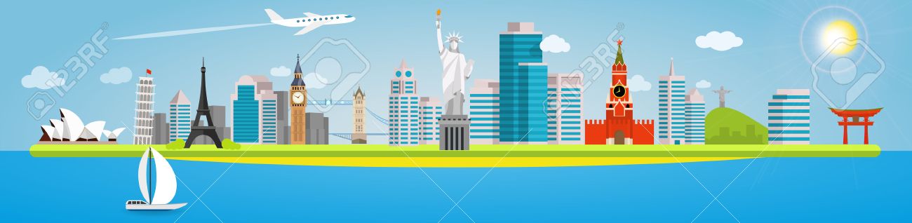Long banner on the topic of traveling around the world. Landmarks in the background of the city. Opera House, Pisa, Eiffel, Big Ben, Tower, Statue of liberty, Kremlin, Christ Redeemer and Torii Gate. - 51917368 Long banner on the topic of traveling around the world. Landmarks in the background of the city. Opera House, Pisa, Eiffel, Big Ben, Tower, Statue of liberty, Kremlin, Christ Redeemer and Torii Gate. - 51917368