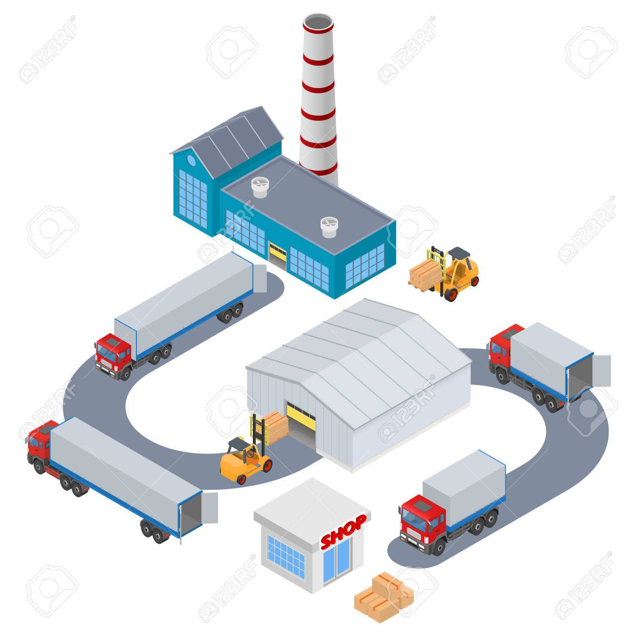 Manufacture Logistic - Factory, warehouse, shop, truck, forklift. Isometric illustration - 52408834 Manufacture Logistic - Factory, warehouse, shop, truck, forklift. Isometric illustration - 52408834