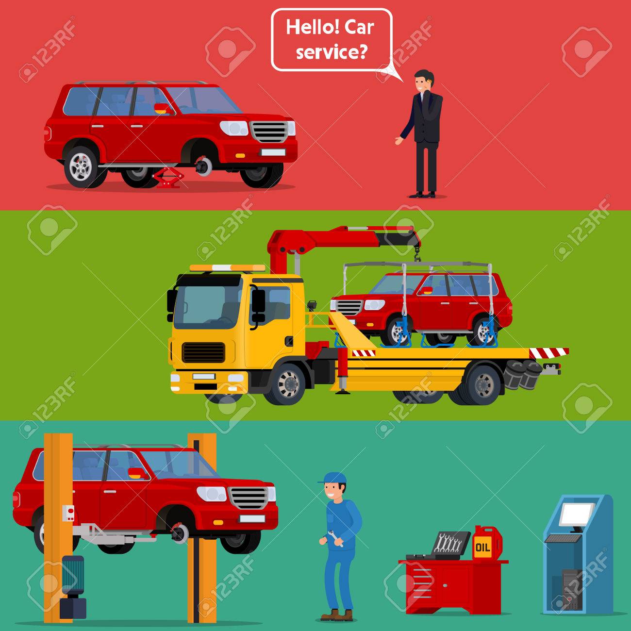 Cool vector trendy flat design worried driver calling roadside assistance to help with his breakdown car. Tow truck transporting a broken machine to the car service. Broken car in auto repair shop being fixed on car lift with mechanic professional holding - 64756594 Cool vector trendy flat design worried driver calling roadside assistance to help with his breakdown car. Tow truck transporting a broken machine to the car service. Broken car in auto repair shop being fixed on car lift with mechanic professional holding - 64756594