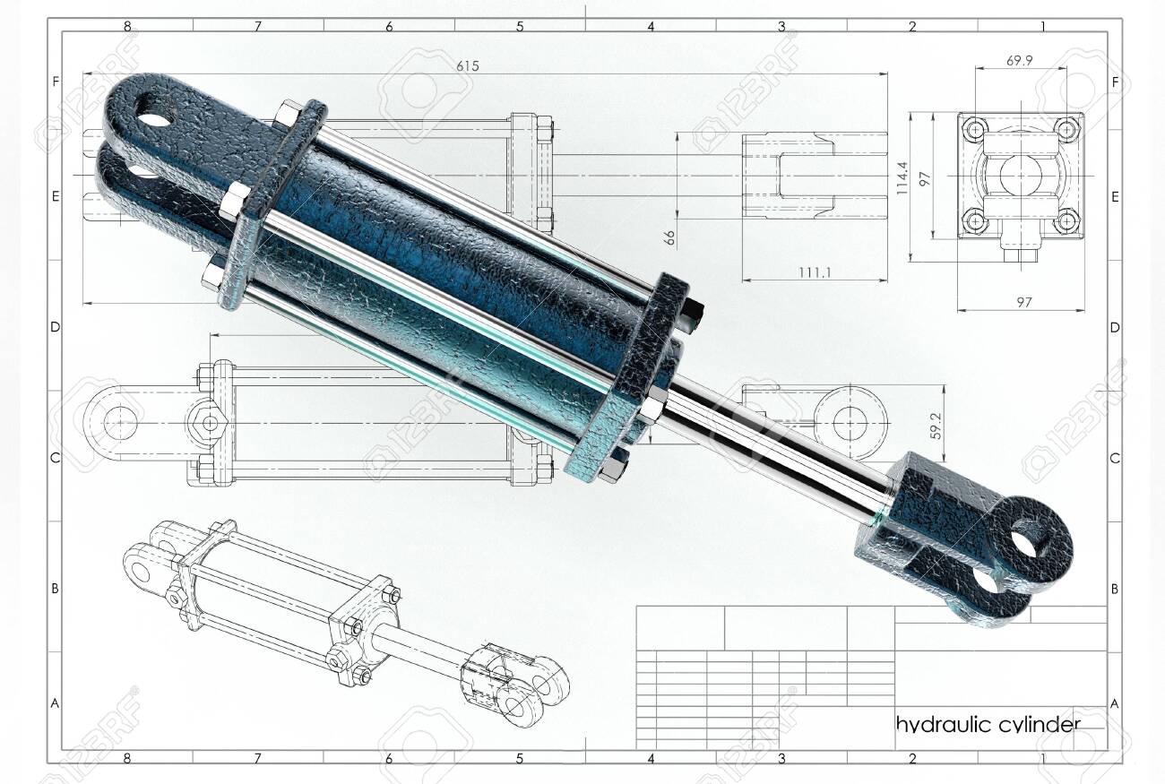 3d Illustration Of Hydraulic Cylinder Above Technical Engineering Drawing Stock Photo Picture And Royalty Free Image Image 124130641