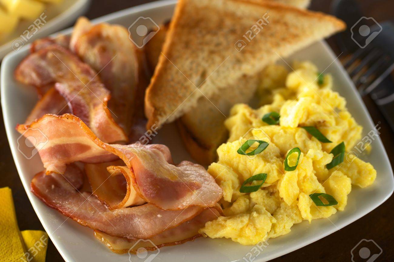 Fried Bacon Ad Scrambled Egg With Toast Bread Selective Focus Stock Photo Picture And Royalty Free Image Image