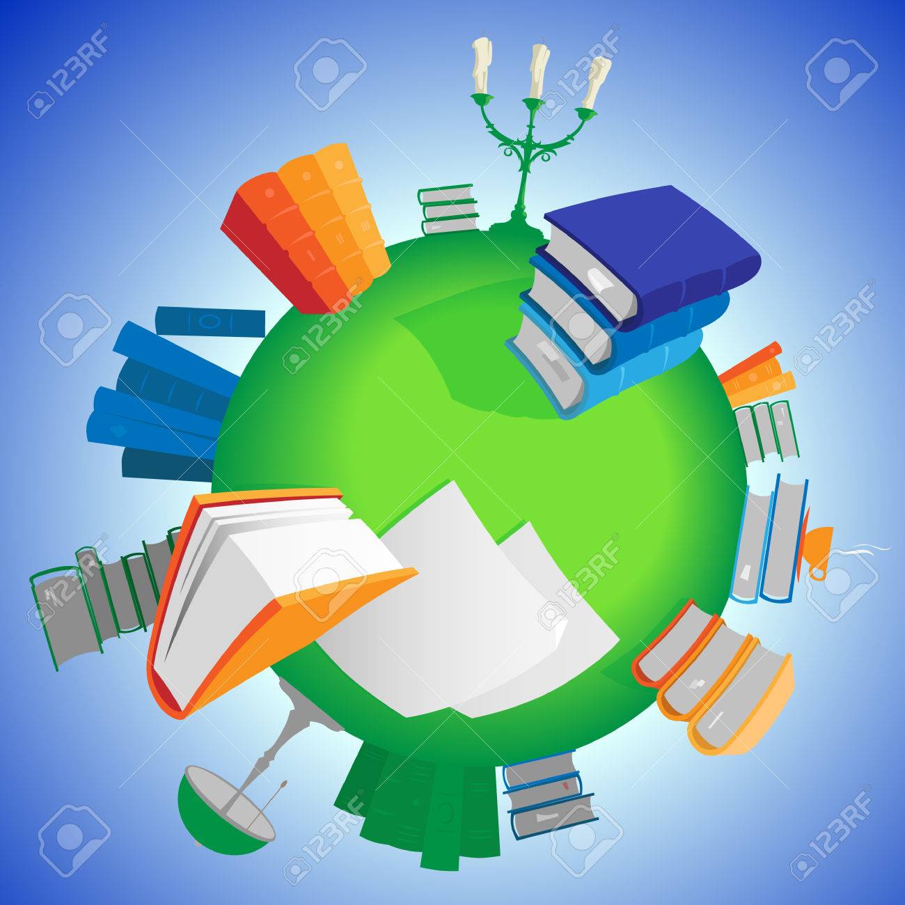 world of knowledge multicolored books on green planet vector illustration stock vector