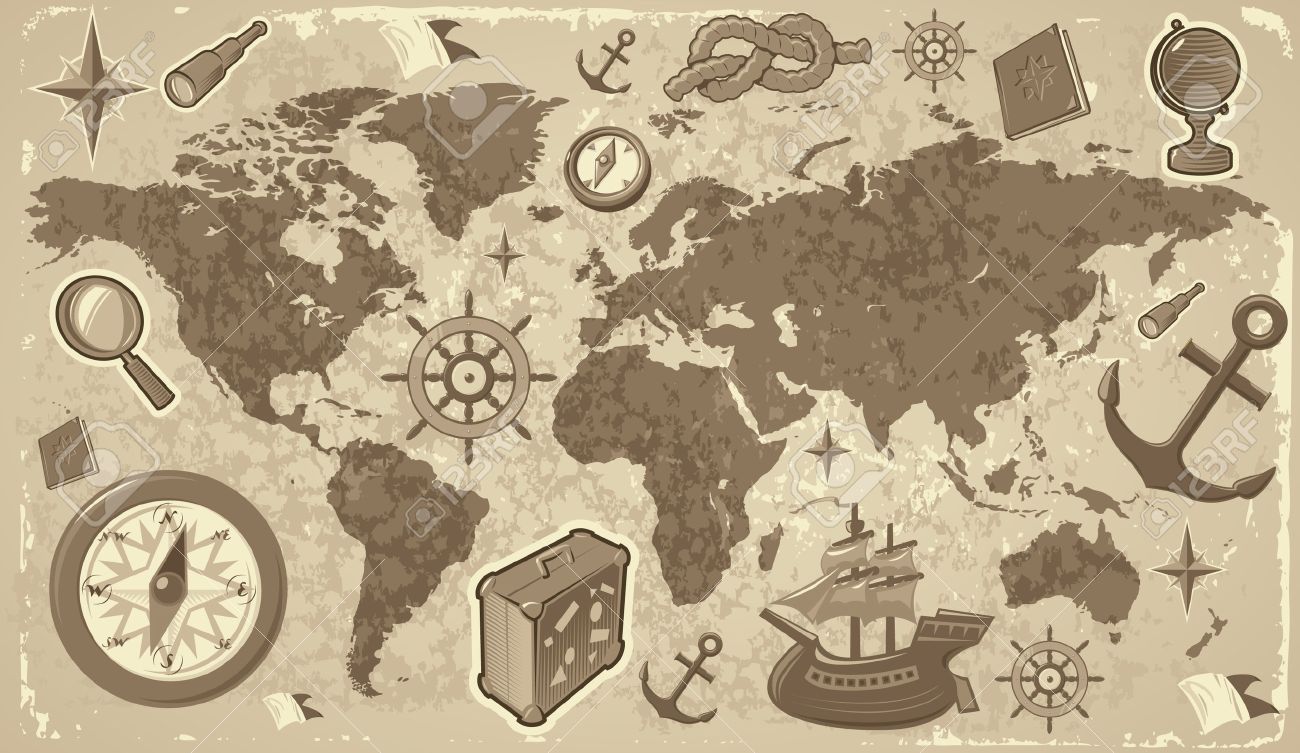 旅行と航海アイコンのレトロなスタイルの世界地図 ベクトル イラスト のイラスト素材 ベクタ Image 旅行と航海アイコンのレトロなスタイルの世界地図 ベクトル イラスト のイラスト素材 ベクタ Image