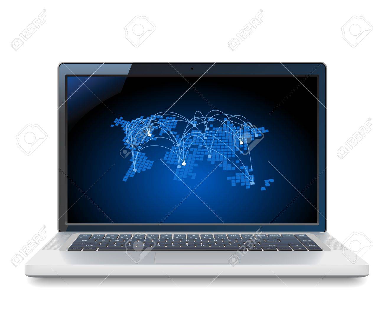 Laptop and blue World map with connections. Vector illustration for telecommunications and internet service provider. - 11393331 Laptop and blue World map with connections. Vector illustration for telecommunications and internet service provider. - 11393331