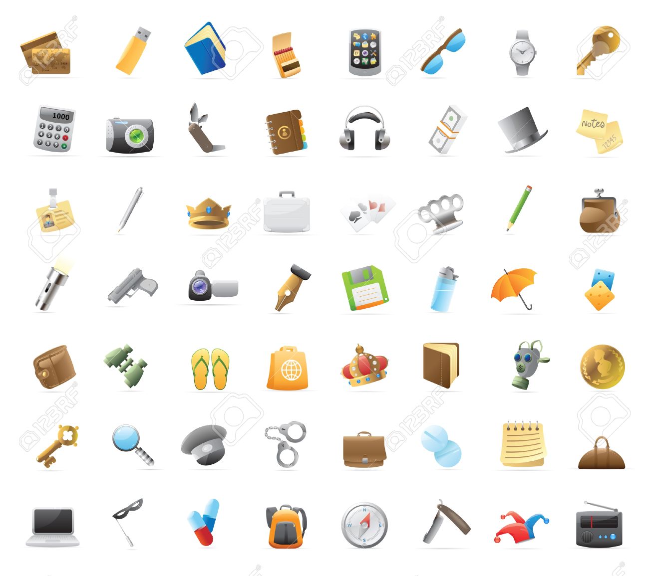 Personal belongings: 56 detailed icons for things you can carry. - 13094384 Personal belongings: 56 detailed icons for things you can carry. - 13094384