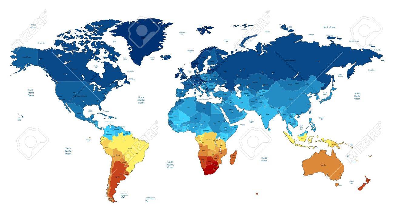 Detailed vector World map of blue and yellow colors. Names, town marks and national borders are in separate layers. - 13853172 Detailed vector World map of blue and yellow colors. Names, town marks and national borders are in separate layers. - 13853172