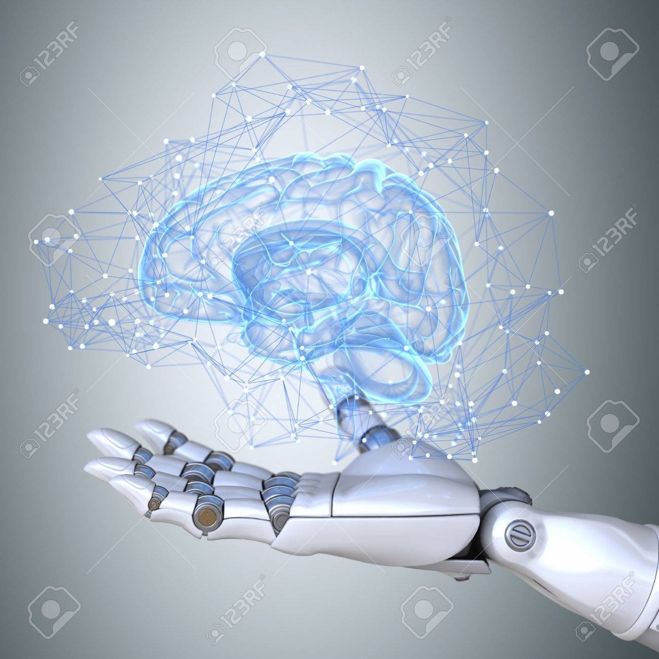 Robot hand holding virtual brain scheme - 67205815 Robot hand holding virtual brain scheme - 67205815