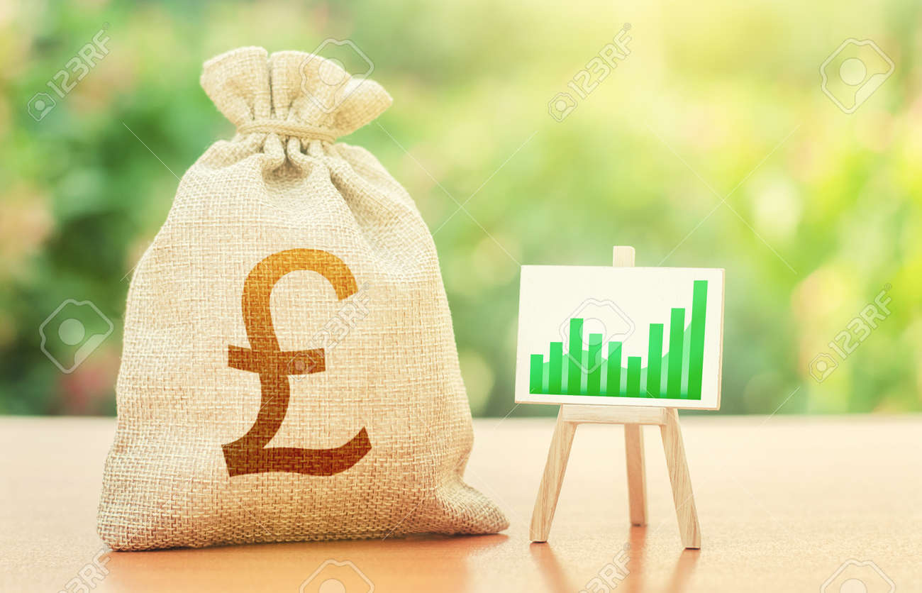 British pound sterling money bag and easel with green positive growth graph. Economic development. Recovery and growth economy, good investment attractiveness. Deposits profitability. - 154263727 British pound sterling money bag and easel with green positive growth graph. Economic development. Recovery and growth economy, good investment attractiveness. Deposits profitability. - 154263727
