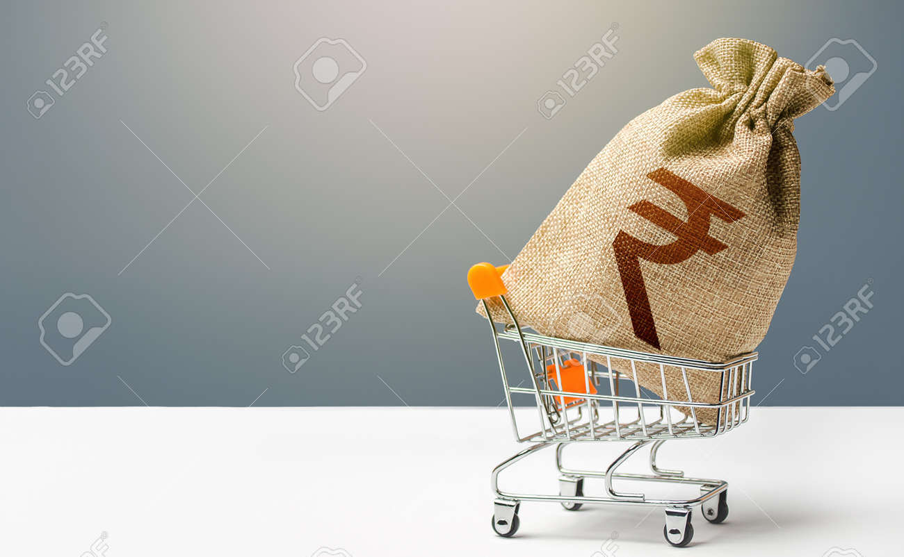 Indian rupee money bag in a shopping cart. Profits and super profits. Minimum living wage. Consumer basket. Business and trade concept. Public budgeting. Economic bubbles. Loans, microloans. - 159000260 Indian rupee money bag in a shopping cart. Profits and super profits. Minimum living wage. Consumer basket. Business and trade concept. Public budgeting. Economic bubbles. Loans, microloans. - 159000260