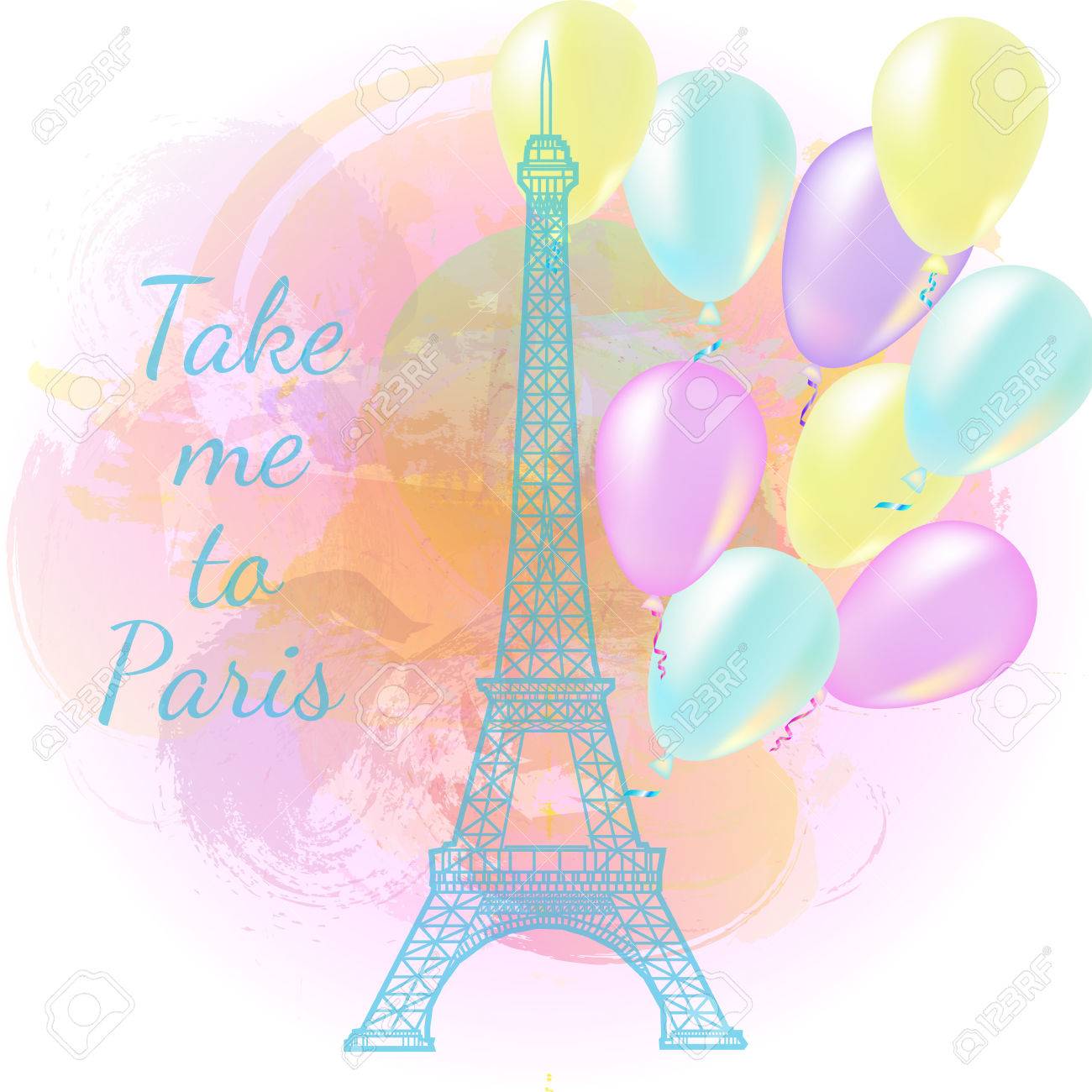 Take Me To Paris Text Eiffel Tower On Bright Pink Watercolor Background Royalty Free Cliparts Vectors And Stock Illustration Image