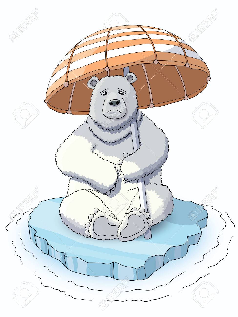 地球温暖化からの氷を保存しようとして 傘を保持している氷の融解の上に座ってかわいいシロクマ のイラスト素材 ベクタ Image