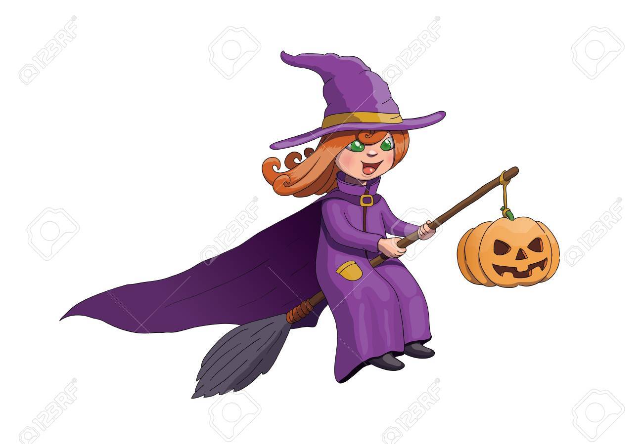 Halloween Hexe Auf Besen Mit Kurbis Lizenzfrei Nutzbare Vektorgrafiken Clip Arts Illustrationen Image