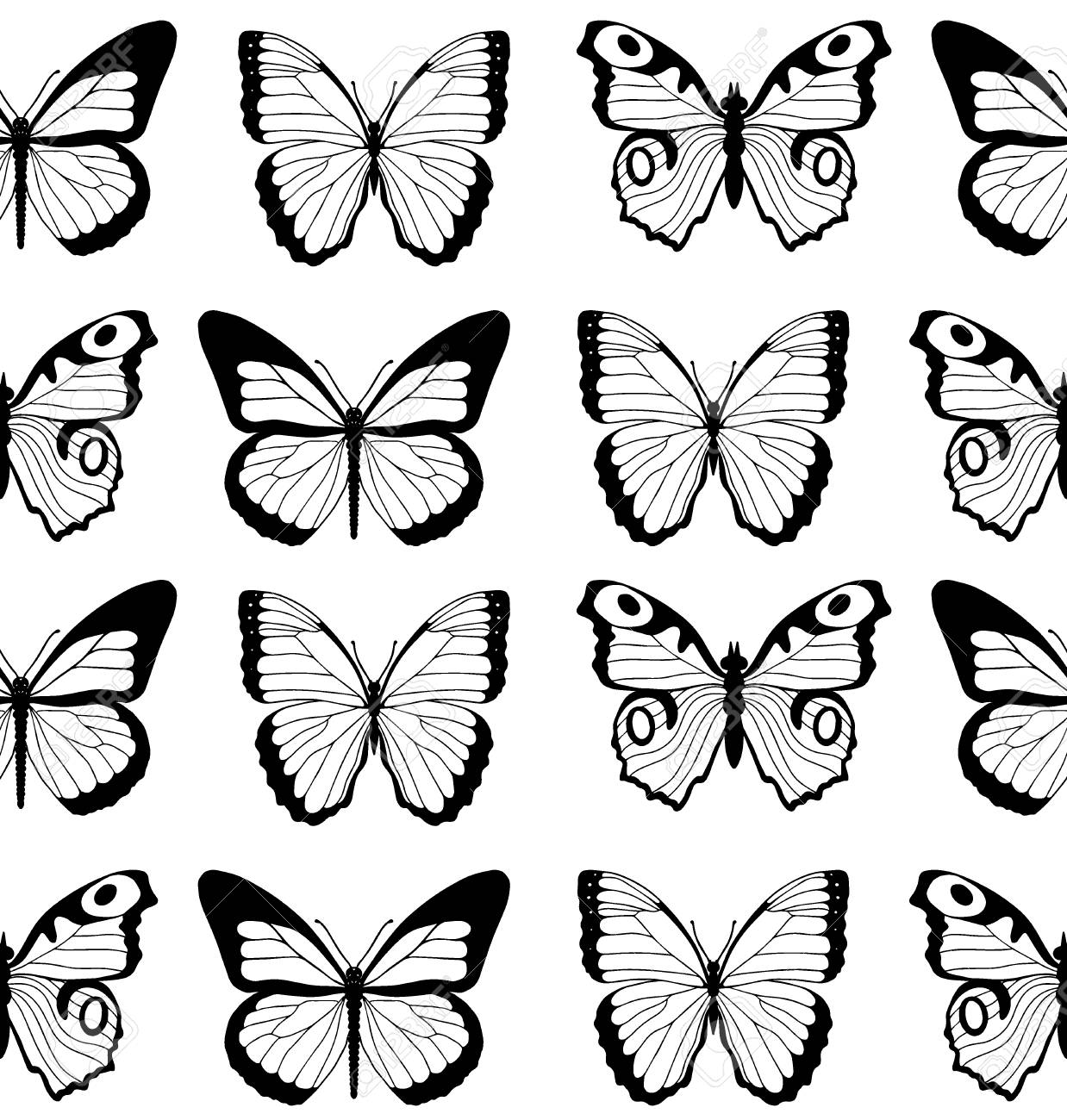 Black And White Flat Cartoon Vector Seamless Pattern With Different Butterflies. Royalty Free SVG, Cliparts, Vectors, And Stock Illustration. Image 122610670. Black And White Flat Cartoon Vector Seamless Pattern With Different Butterflies. Royalty Free SVG, Cliparts, Vectors, And Stock Illustration. Image 122610670.