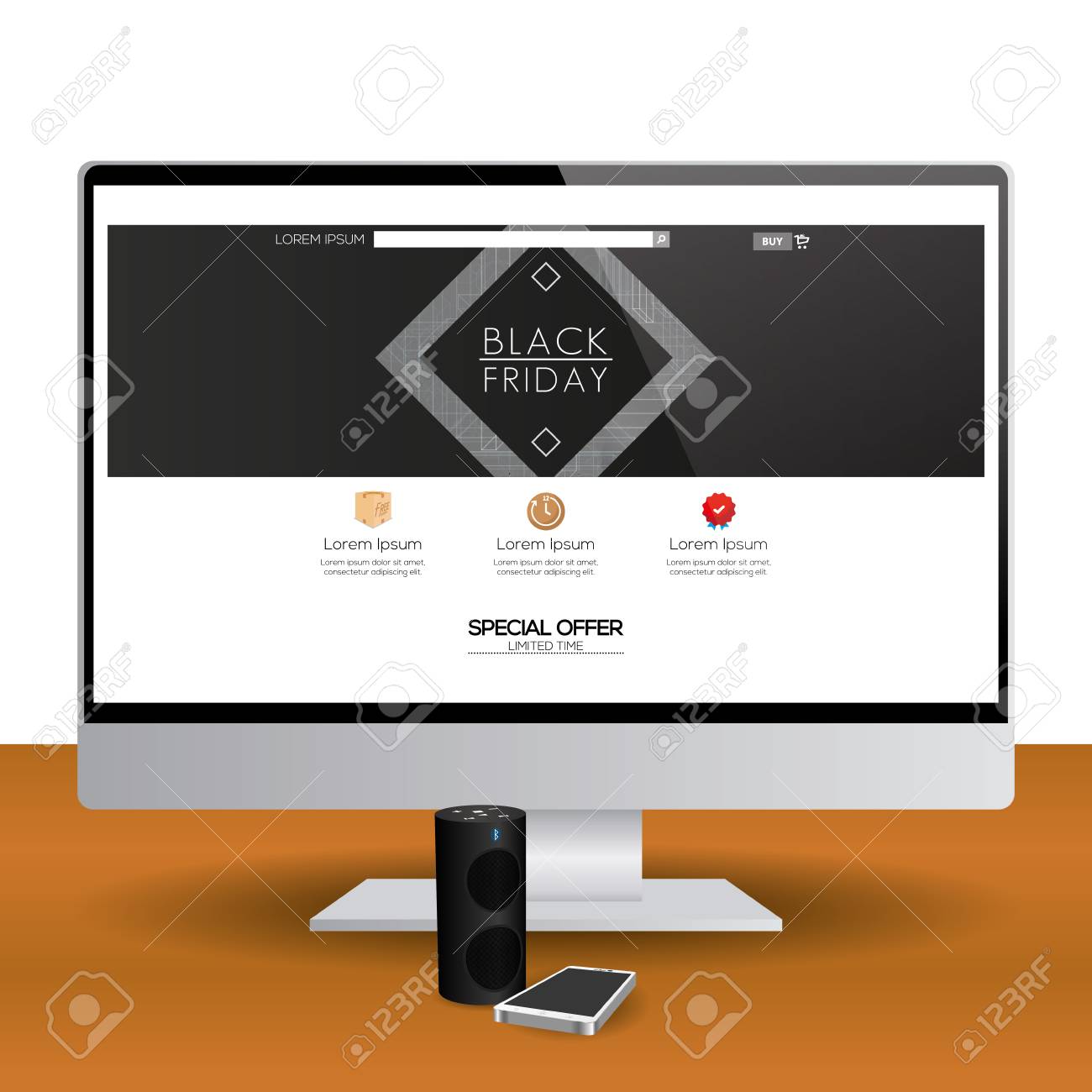 isolated computer screen with a black friday web template royalty