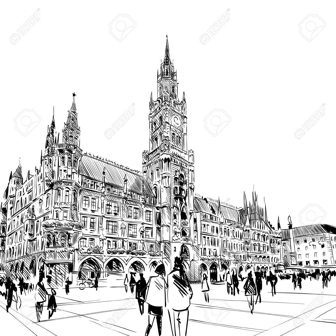 ドイツ ミュンヘン マリエン広場 手描きのスケッチ イラストのイラスト素材 ベクタ Image